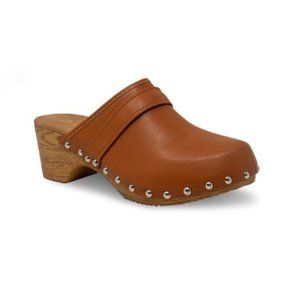 WOMENS CLOGS FAUX WOOD STUDDED CHUNKY MULES  Tan Size 5.5